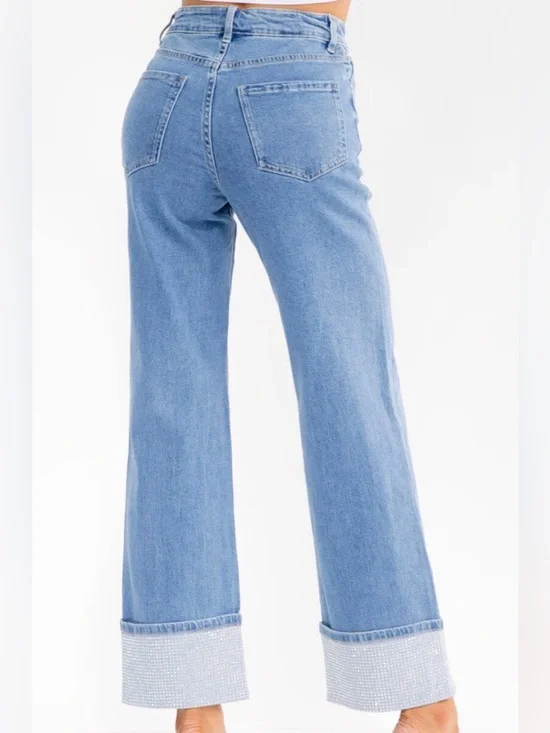 A318. Light Blue Wide Leg Rhinestone Cuffed Jeans - Picture 3 of 4
